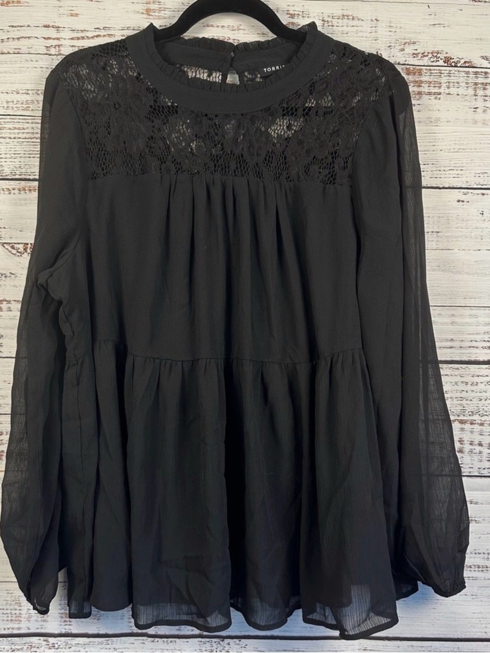 Torrid Black Lace Yoke Tiered Long Sleeve Blouse Dress
